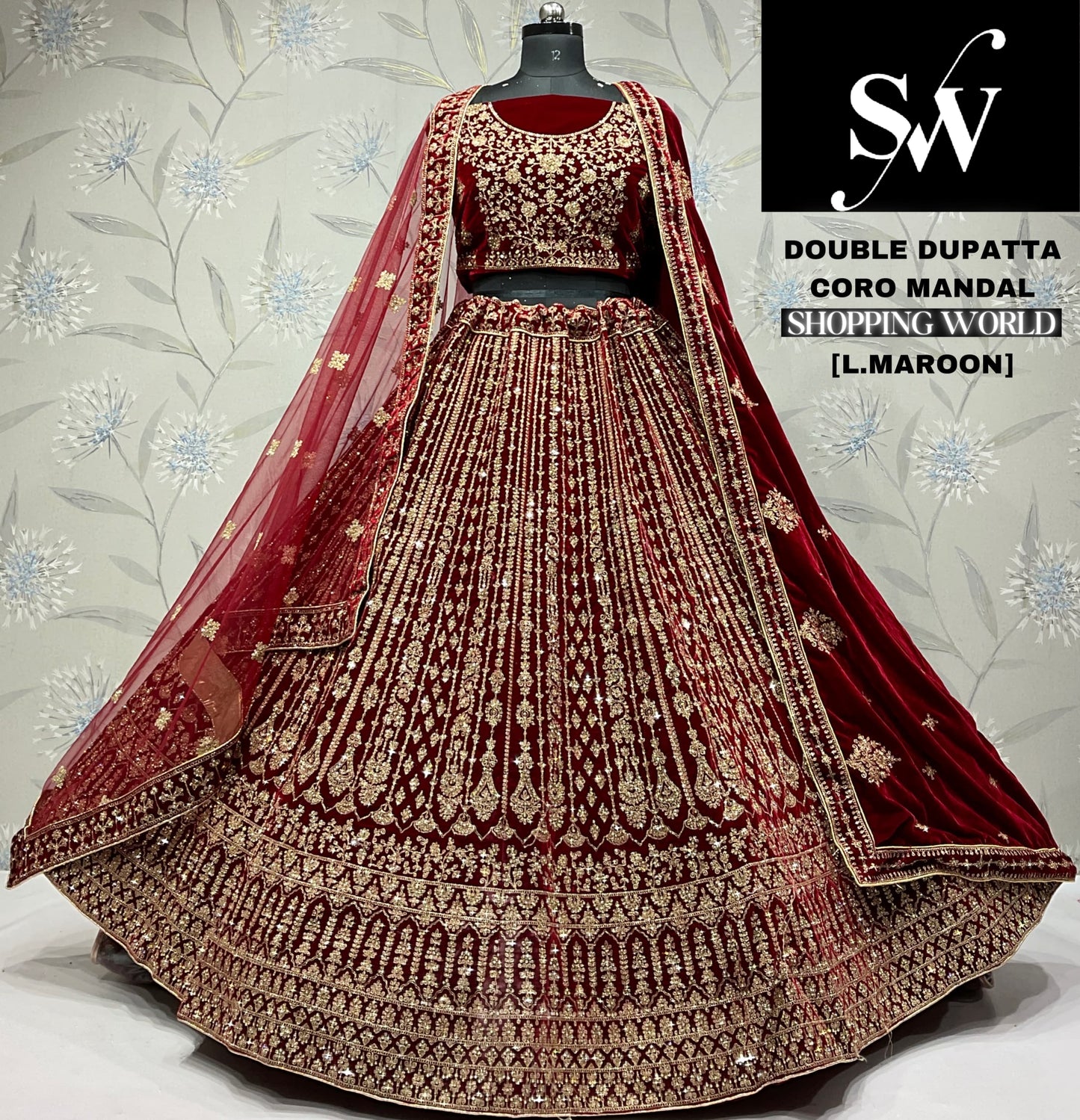 Charming light maroon Velvet double dupatta bridal Lehenga