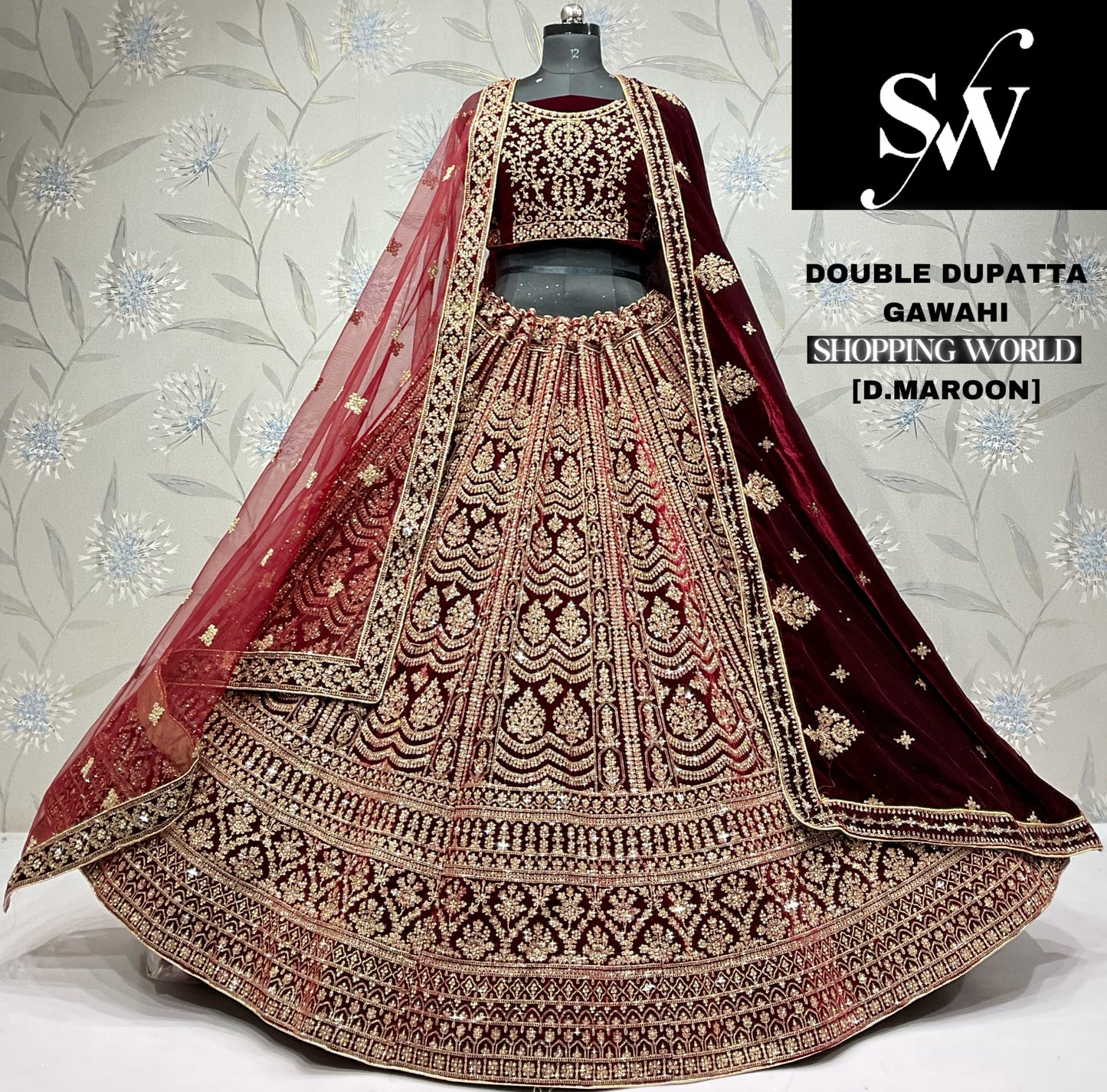 Awesome dark maroon Velvet double dupatta bridal Lehenga