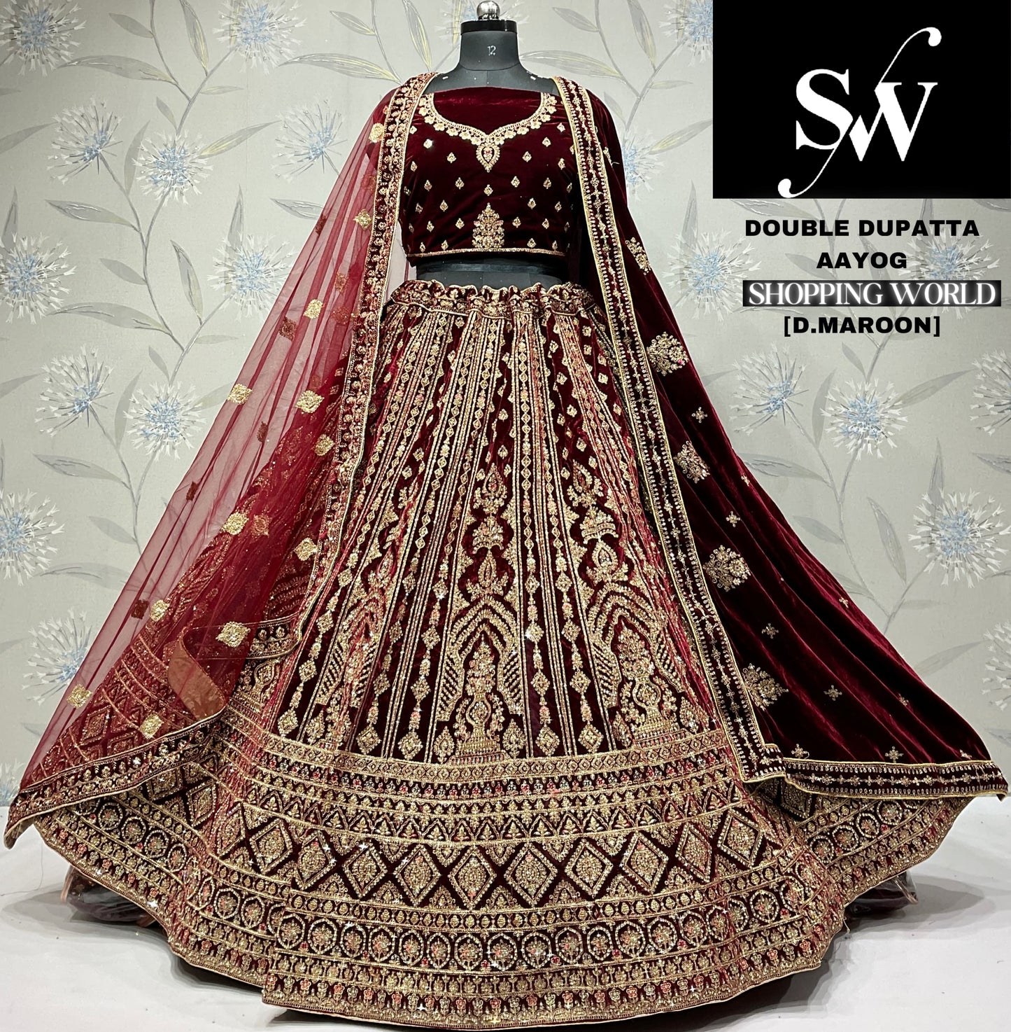 Fantastic dark maroon Velvet double dupatta bridal Lehenga