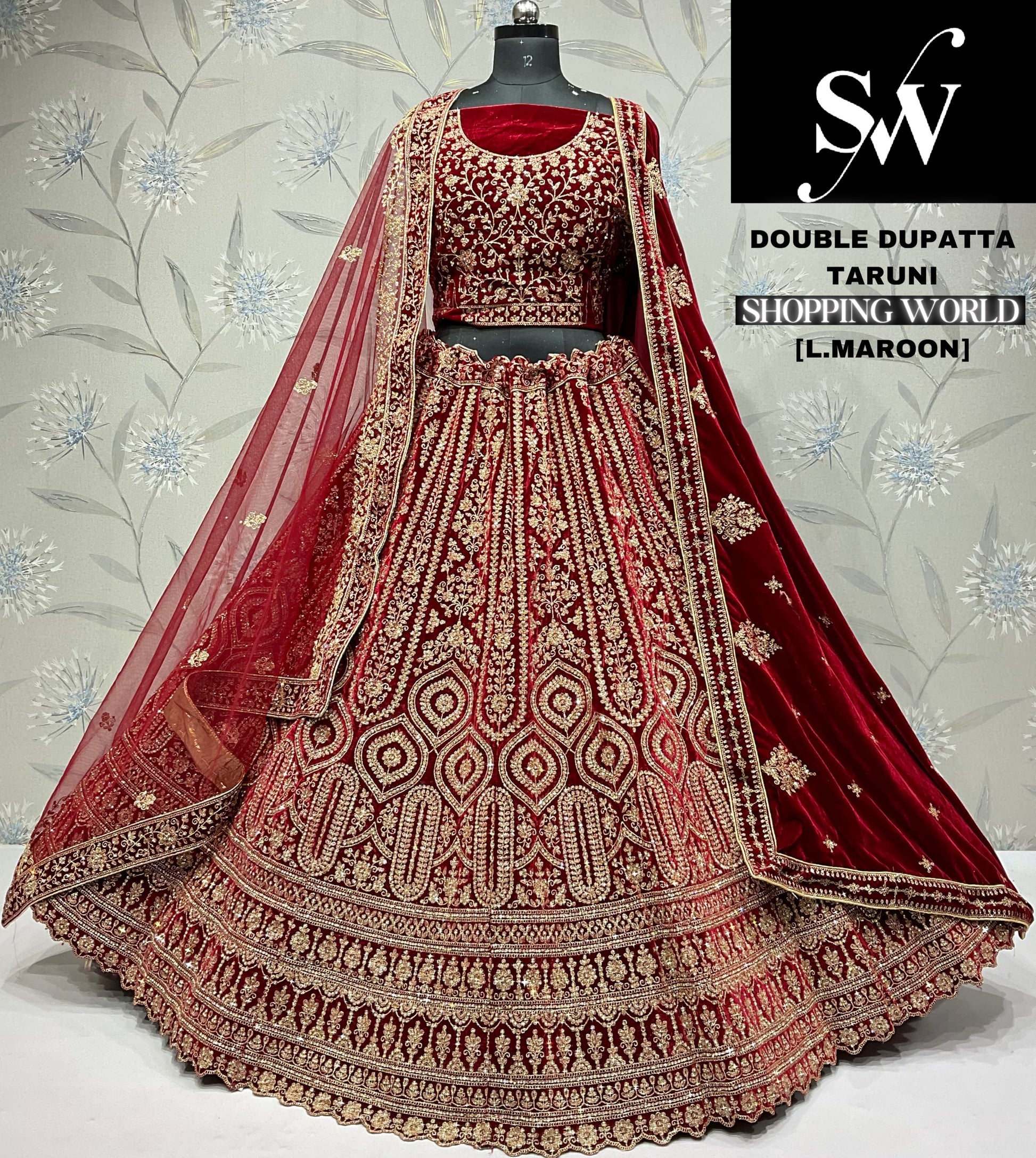 Fabulous maroon Velvet double dupatta bridal Lehenga