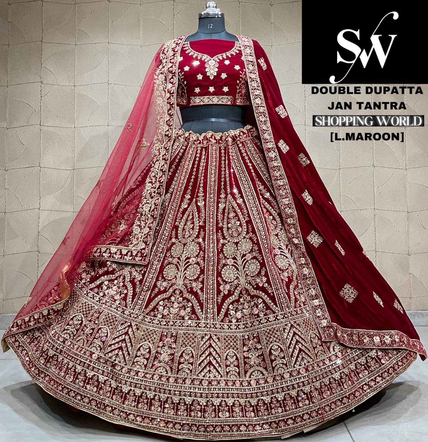 Astonishing light maroon Velvet double dupatta bridal Lehenga
