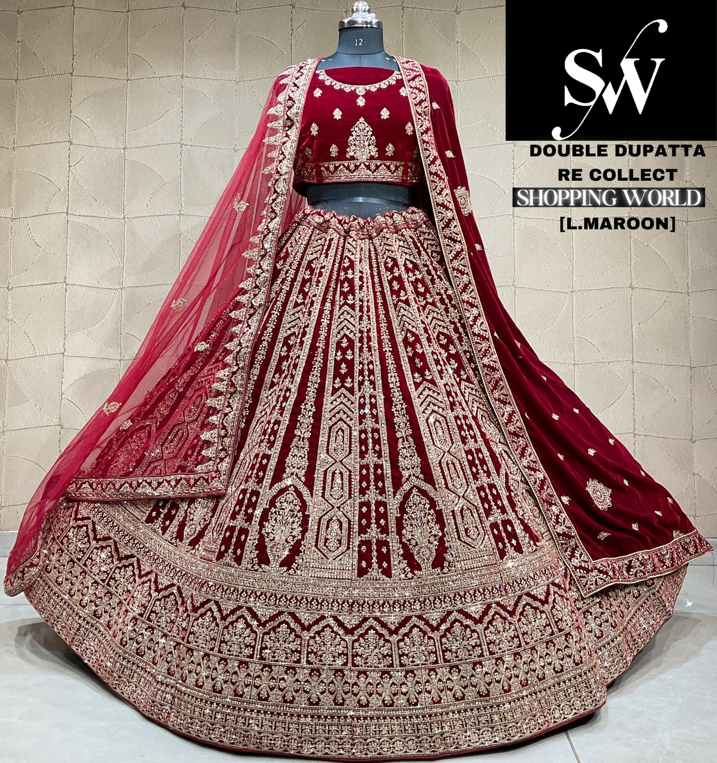 Stunning light maroon Velvet double dupatta bridal Lehenga