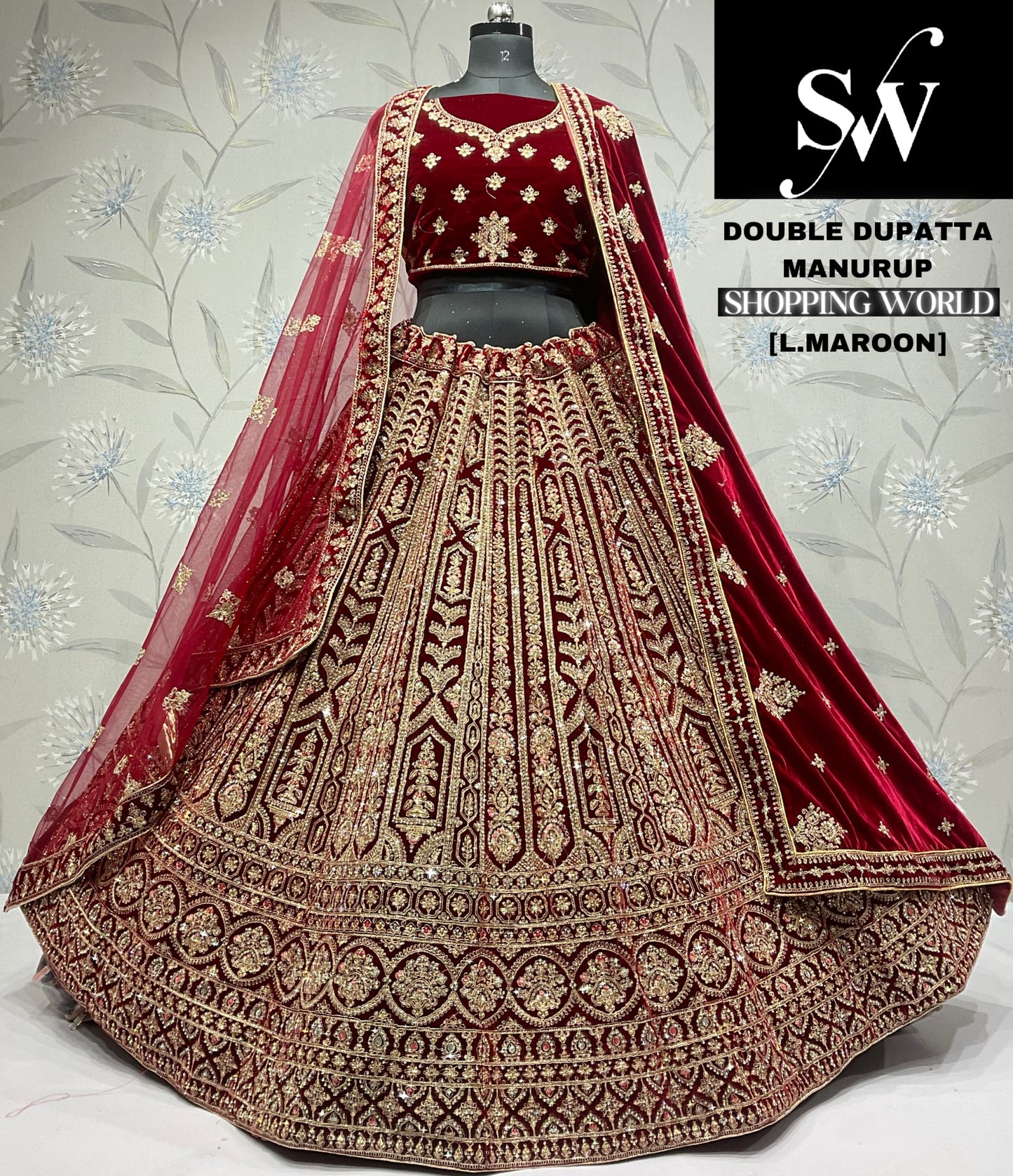 Designer light maroon Velvet double dupatta bridal Lehenga