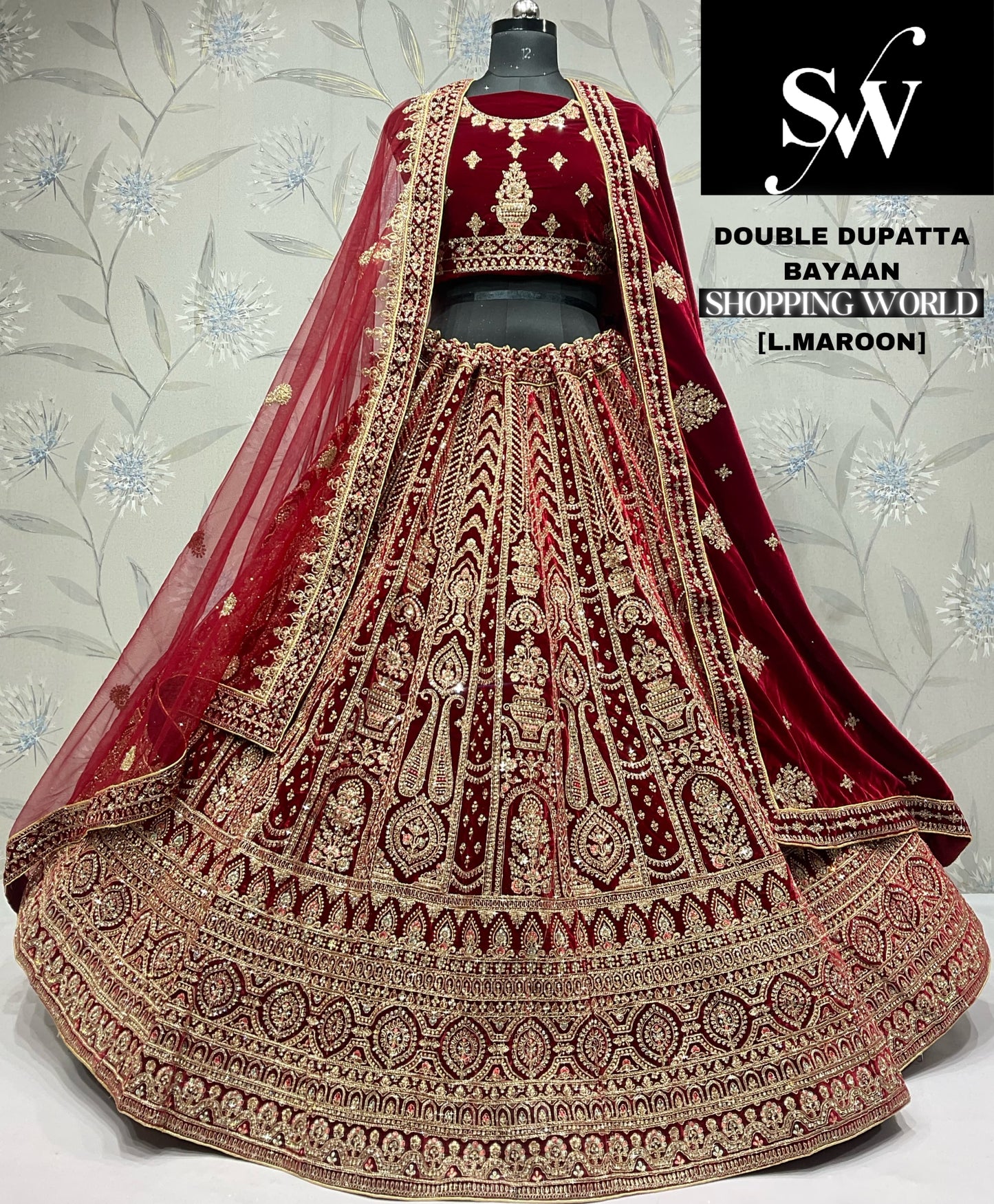 Charming light maroon Velvet double dupatta bridal Lehenga