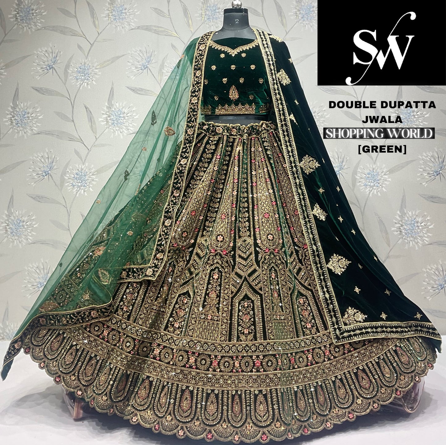 Beautiful green Velvet double dupatta bridal Lehenga