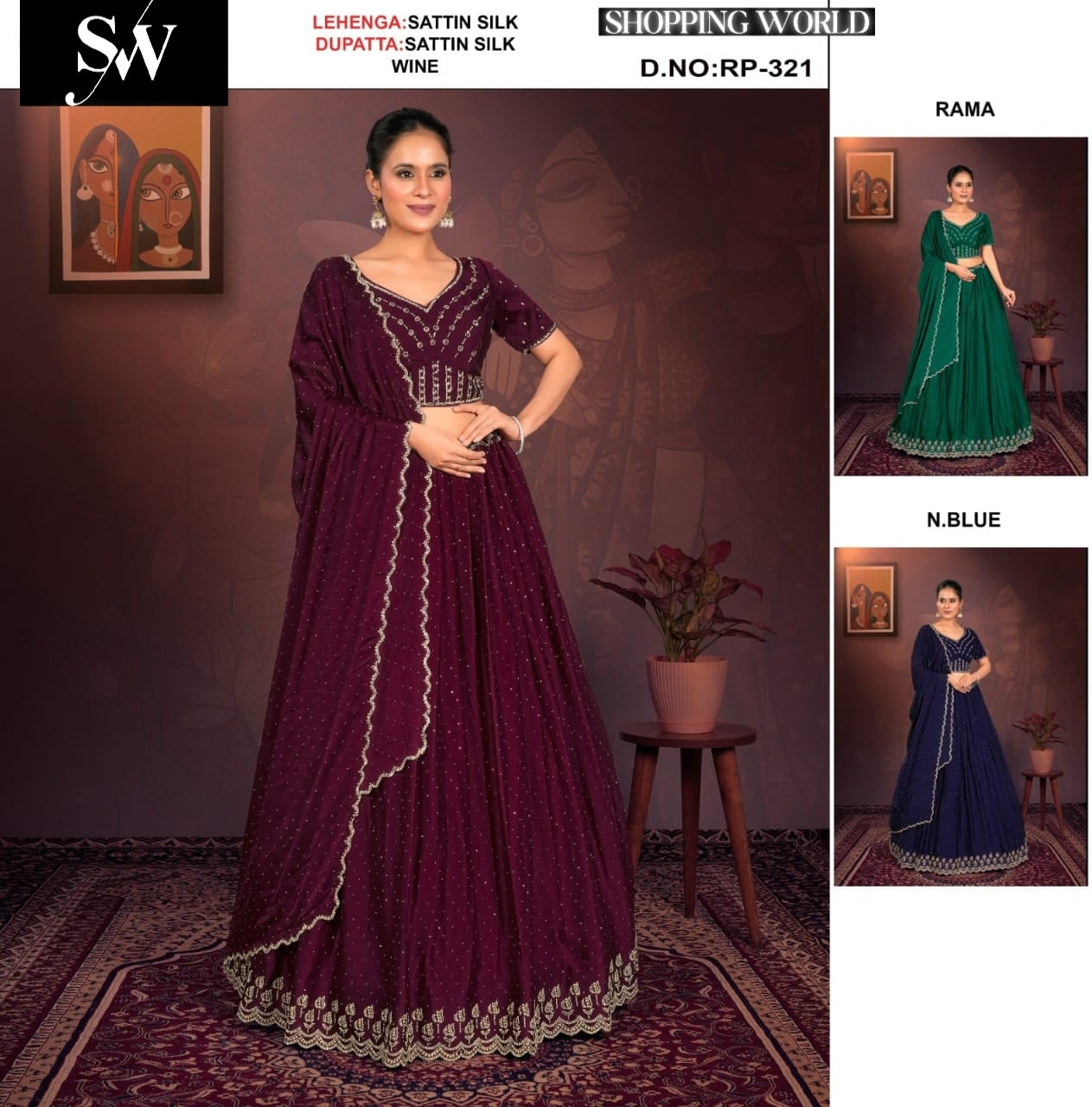 Fabuloso Lehenga de satén de seda color vino