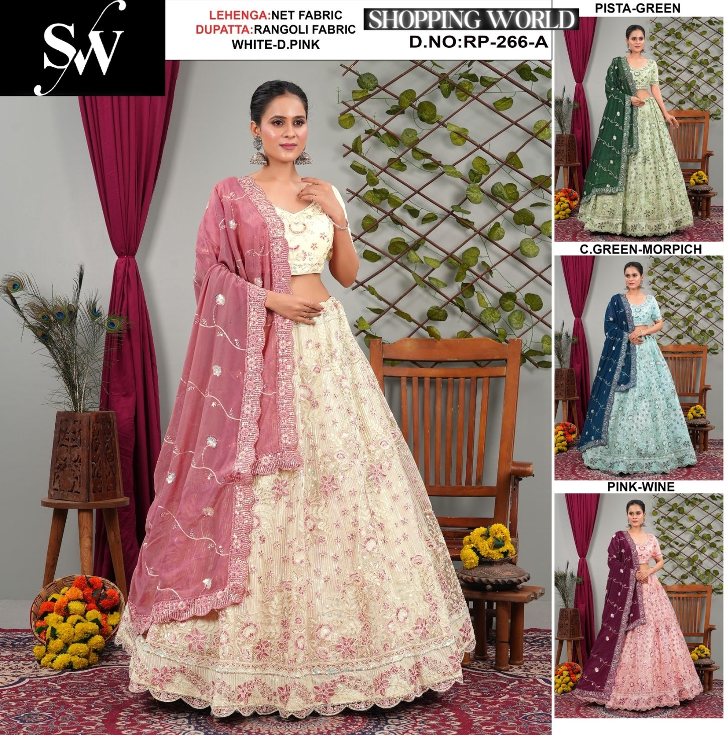 Embellished Net Fabric White dark pink Lehenga