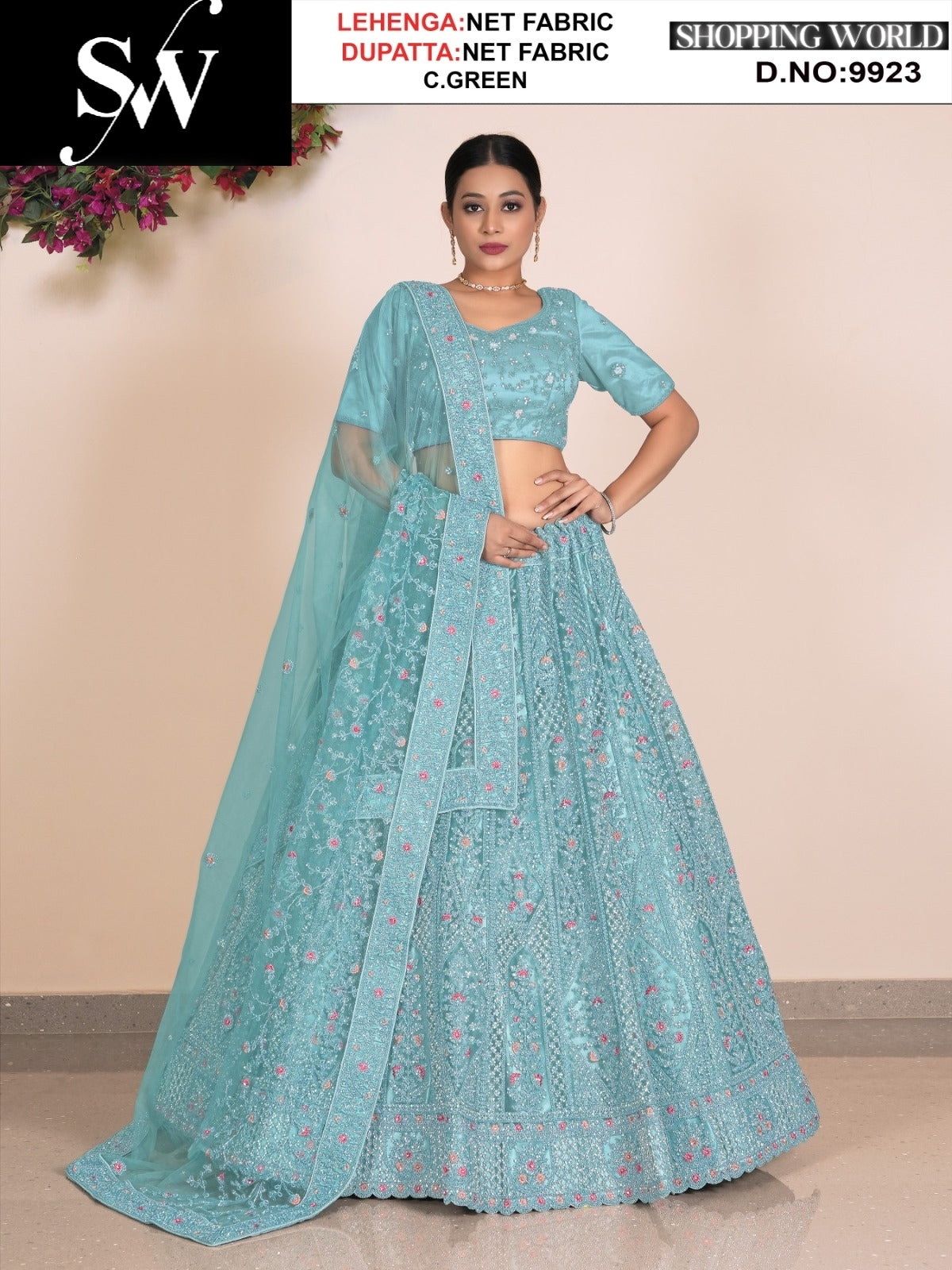 Eye catching Net Fabric Sea green lehenga