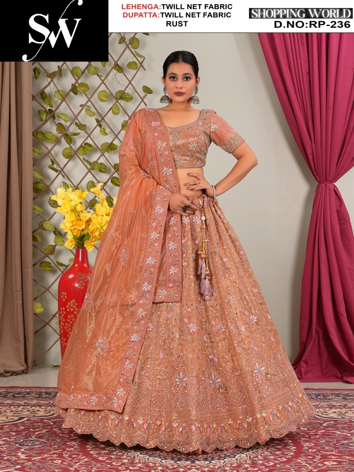 Beautiful Twill Net Fabric Rust lehenga