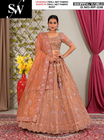 Beautiful Twill Net Fabric Rust lehenga