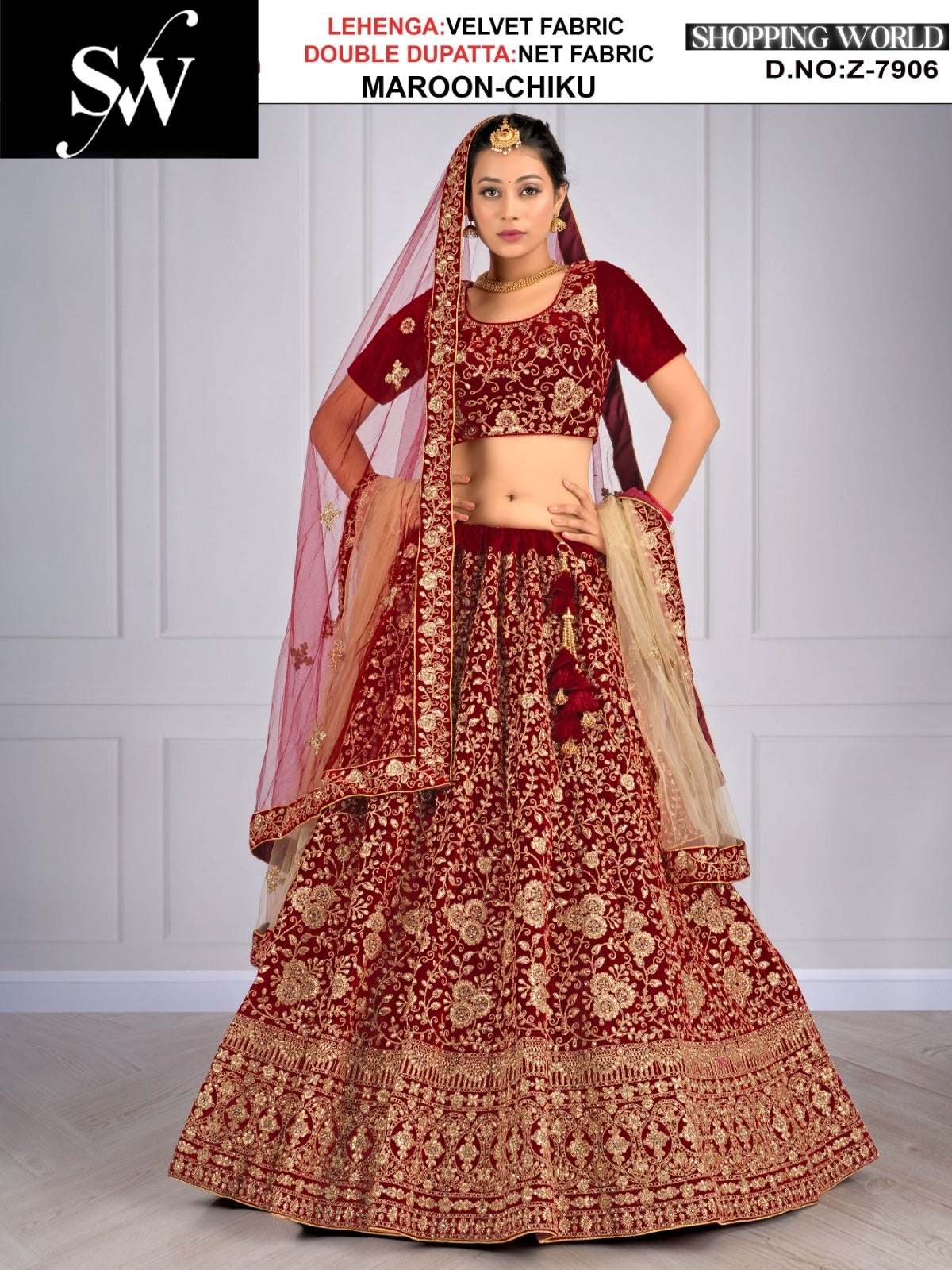 Eye catching Velvet Fabric Maroon Lehenga
