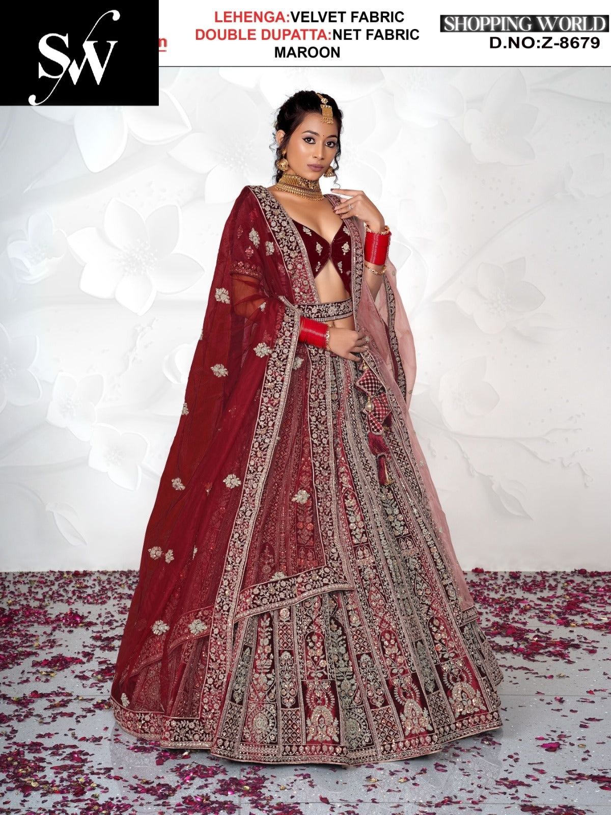 Fabulous Velvet Fabric Maroon Double dupatta Lehenga