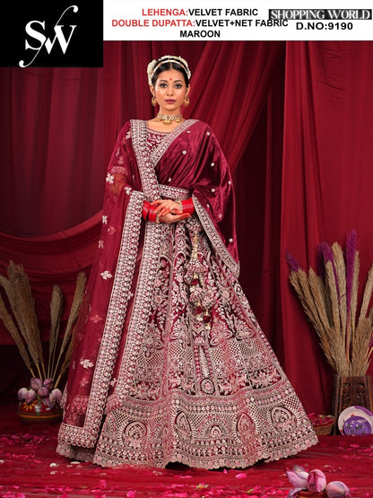 Gorgeous Velvet Fabric Maroon double dupatta Lehenga