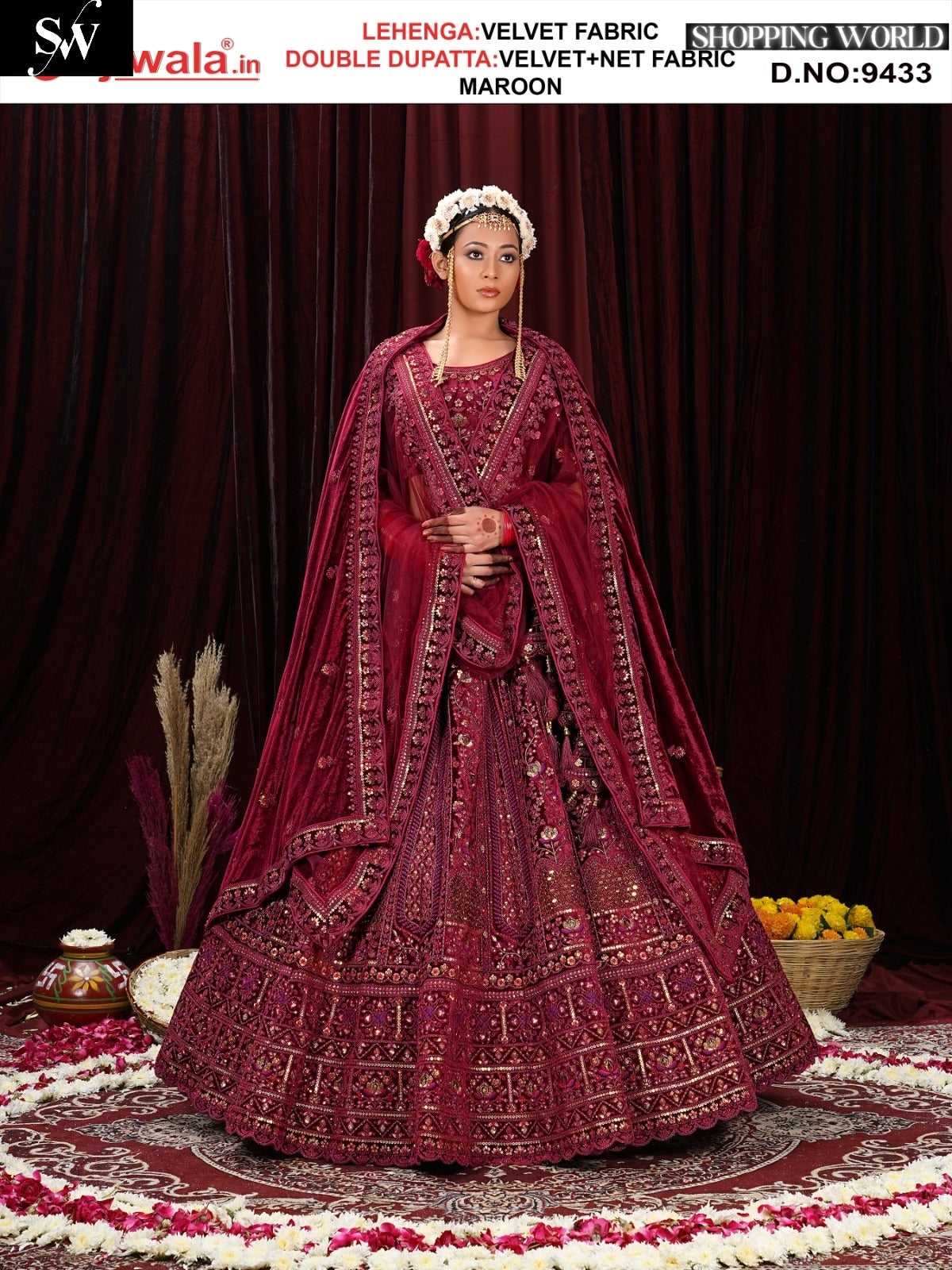 Lovely Velvet Fabric Maroon  double dupatta Bridal Lehenga