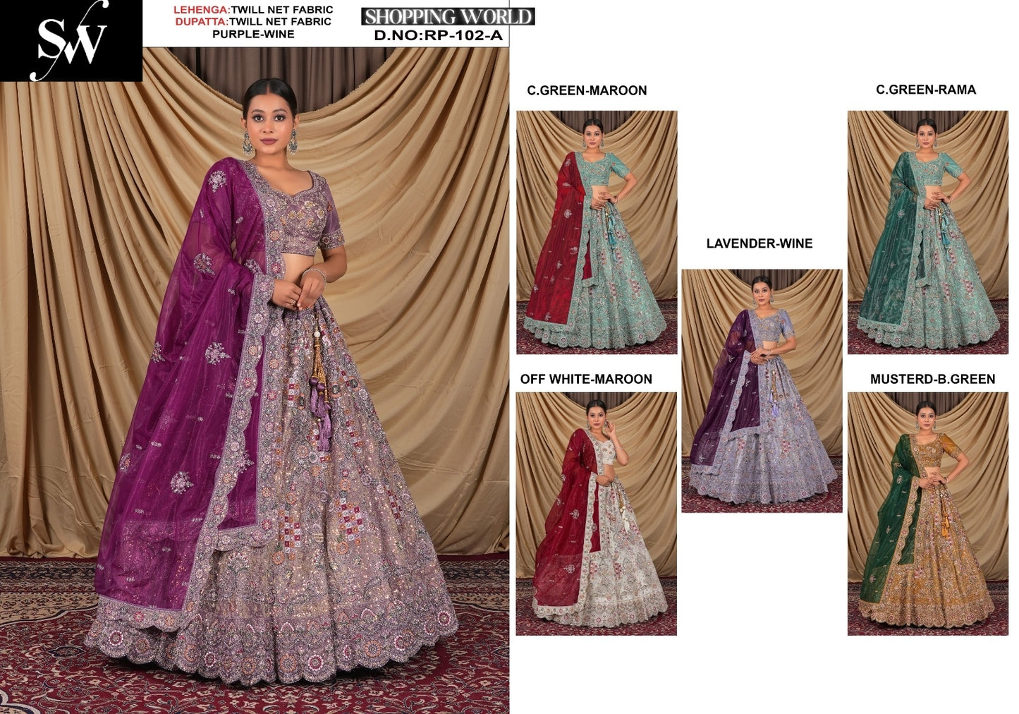 Astonishing Twill Net Fabric off White Sea green mustard purple Lavender Lehenga