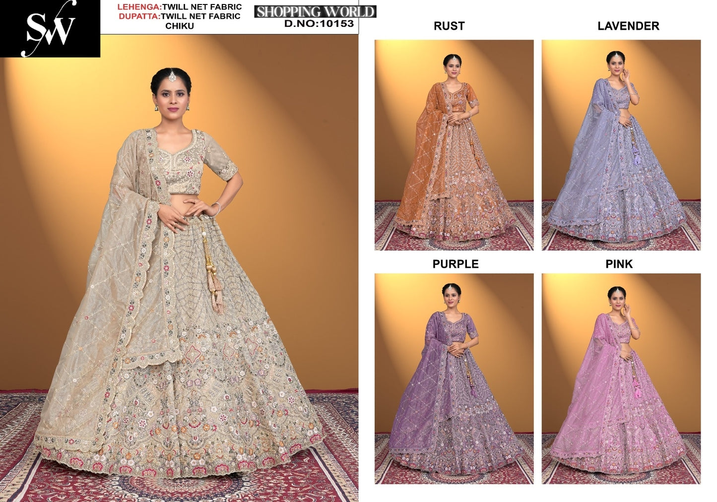 Pretty Twill Net Fabric Chiku rust purple Lavender pink Lehenga