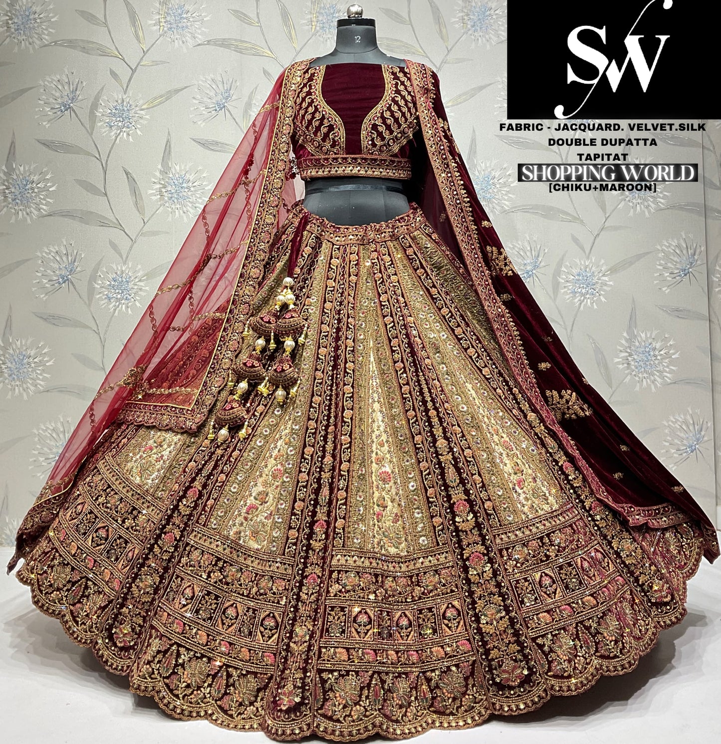 Fantastic jacquard silk Mustard maroon Double dupatta Bridal Lehenga