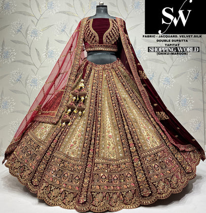 Fantastic jacquard silk Mustard maroon Double dupatta Bridal Lehenga