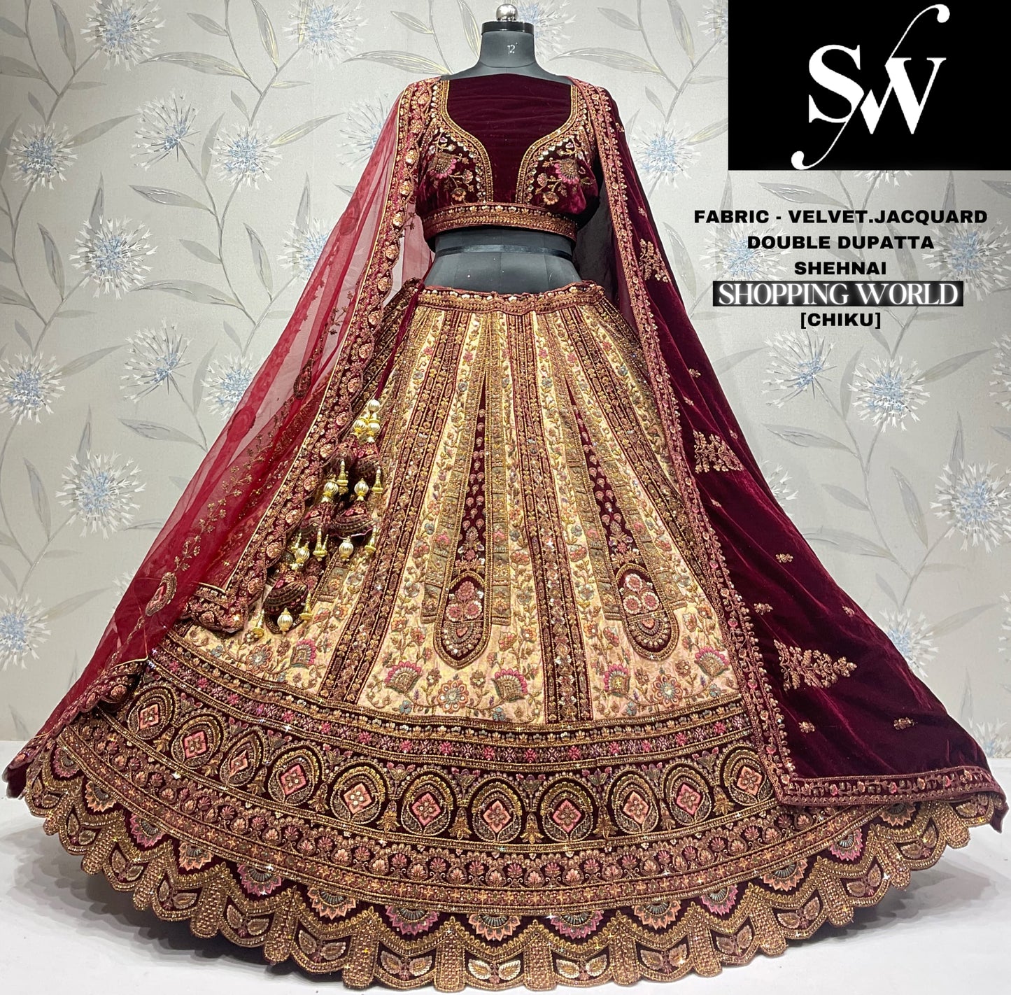 Engaging jacquard Velvet silk pink maroon Double dupatta Bridal Lehenga