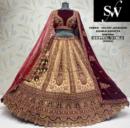 Engaging jacquard Velvet silk pink maroon Double dupatta Bridal Lehenga