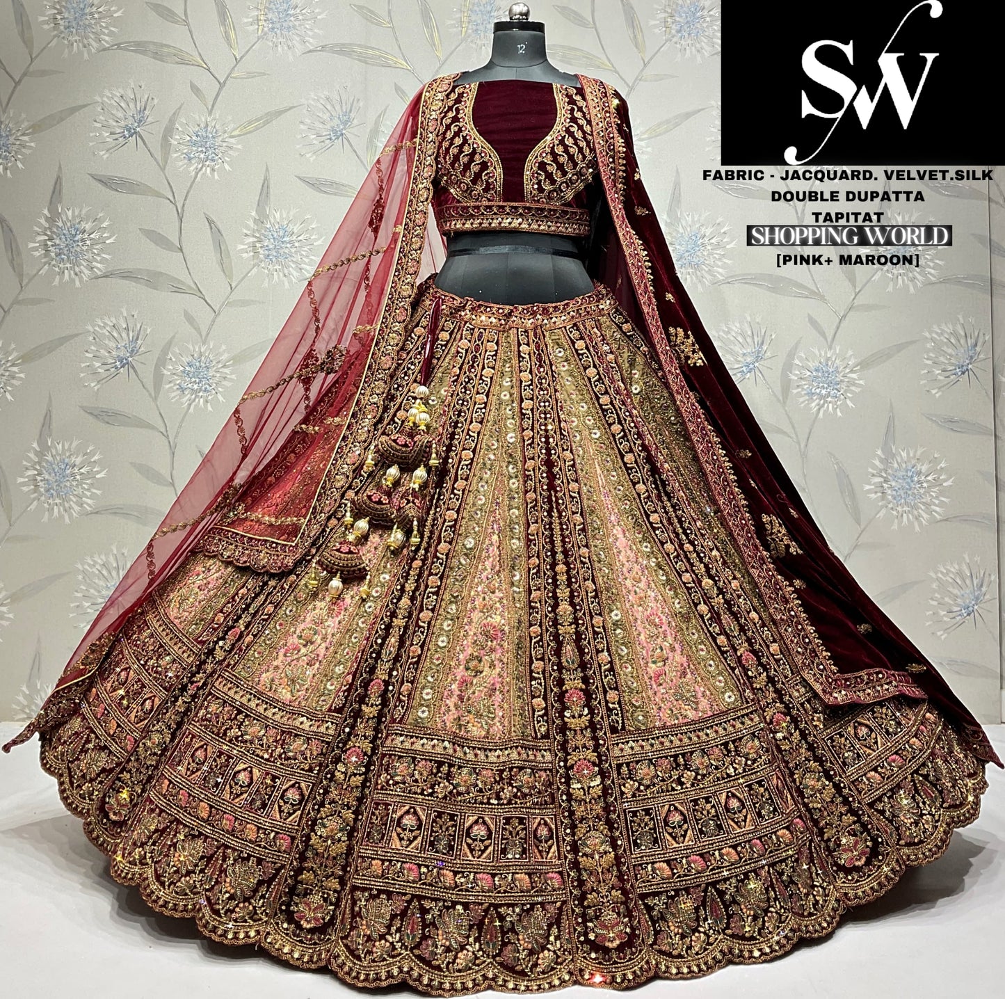 Fantastic jacquard silk Mustard maroon Double dupatta Bridal Lehenga