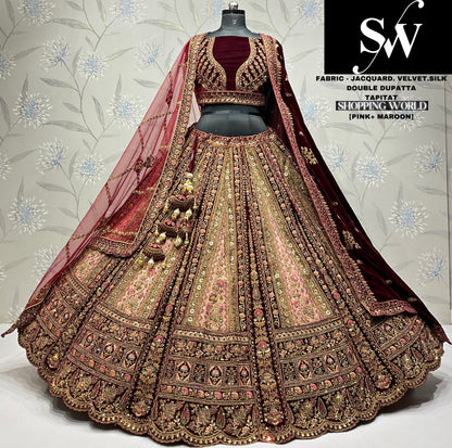 Fantastic jacquard silk Mustard maroon Double dupatta Bridal Lehenga