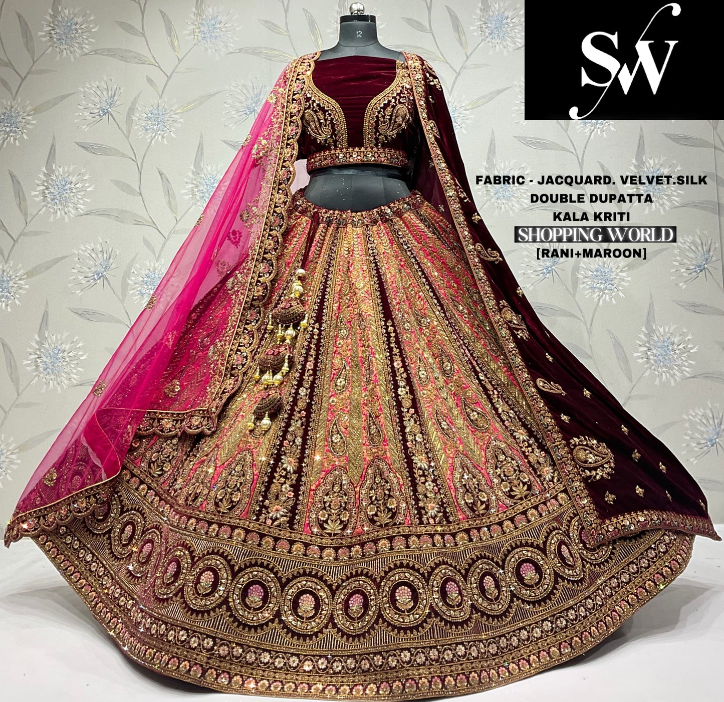Lovely jacquard Velvet silk Rani maroon Double dupatta Bridal Lehenga