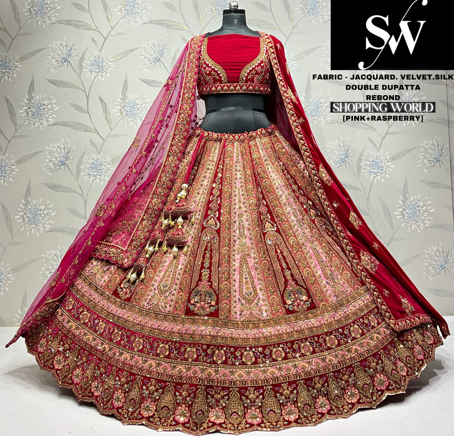 Stunning Velvet jacquard Maroon  Double dupatta Bridal Lehenga