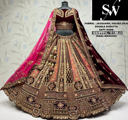 Lehenga nupcial doble dupatta Chiku de seda jacquard color granate
