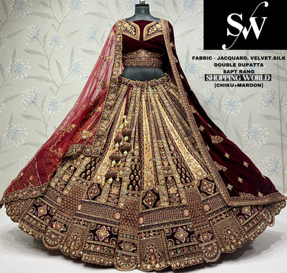 Lehenga nupcial doble dupatta Chiku de seda jacquard color granate