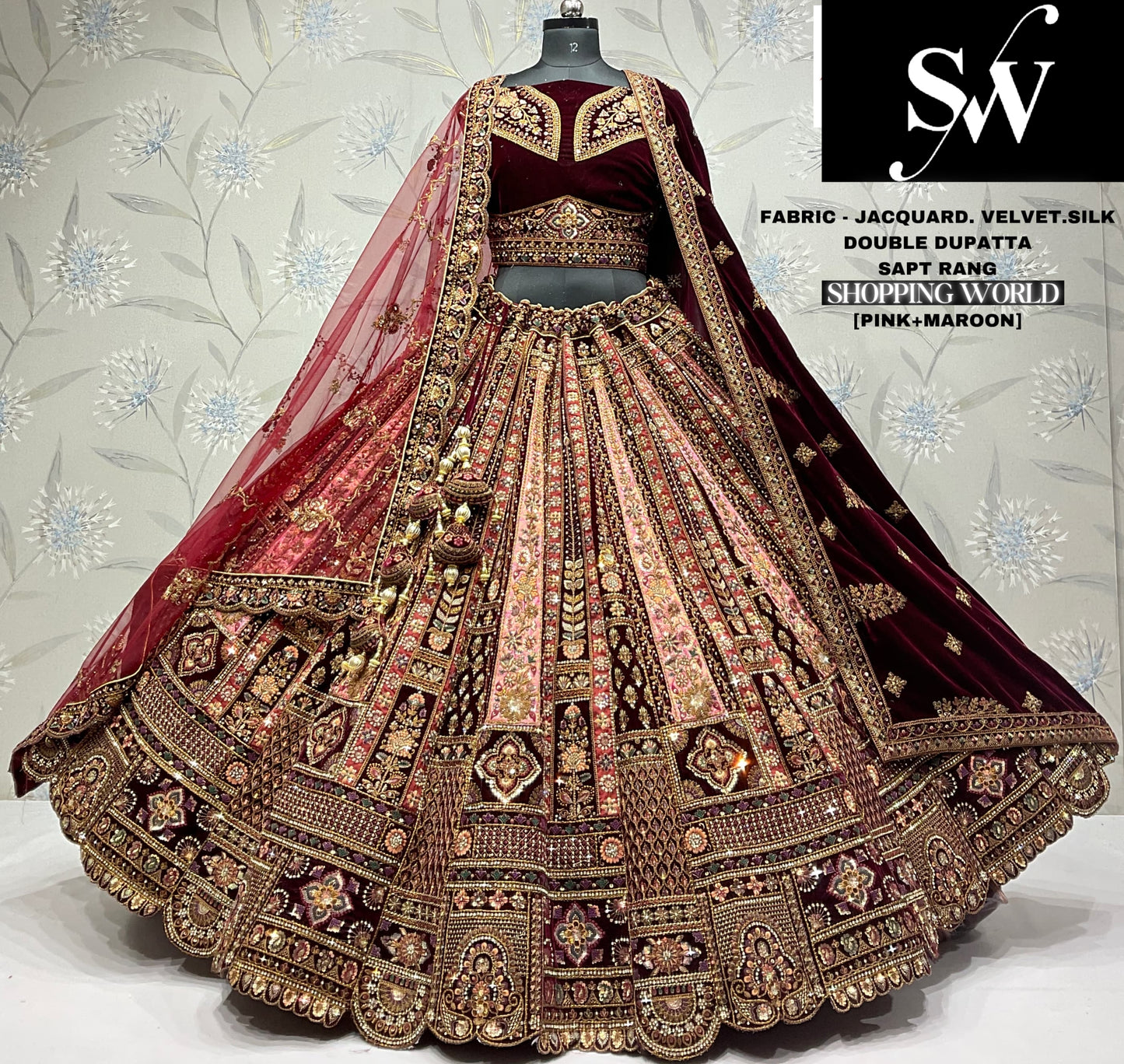 Lehenga nupcial doble dupatta Chiku de seda jacquard color granate