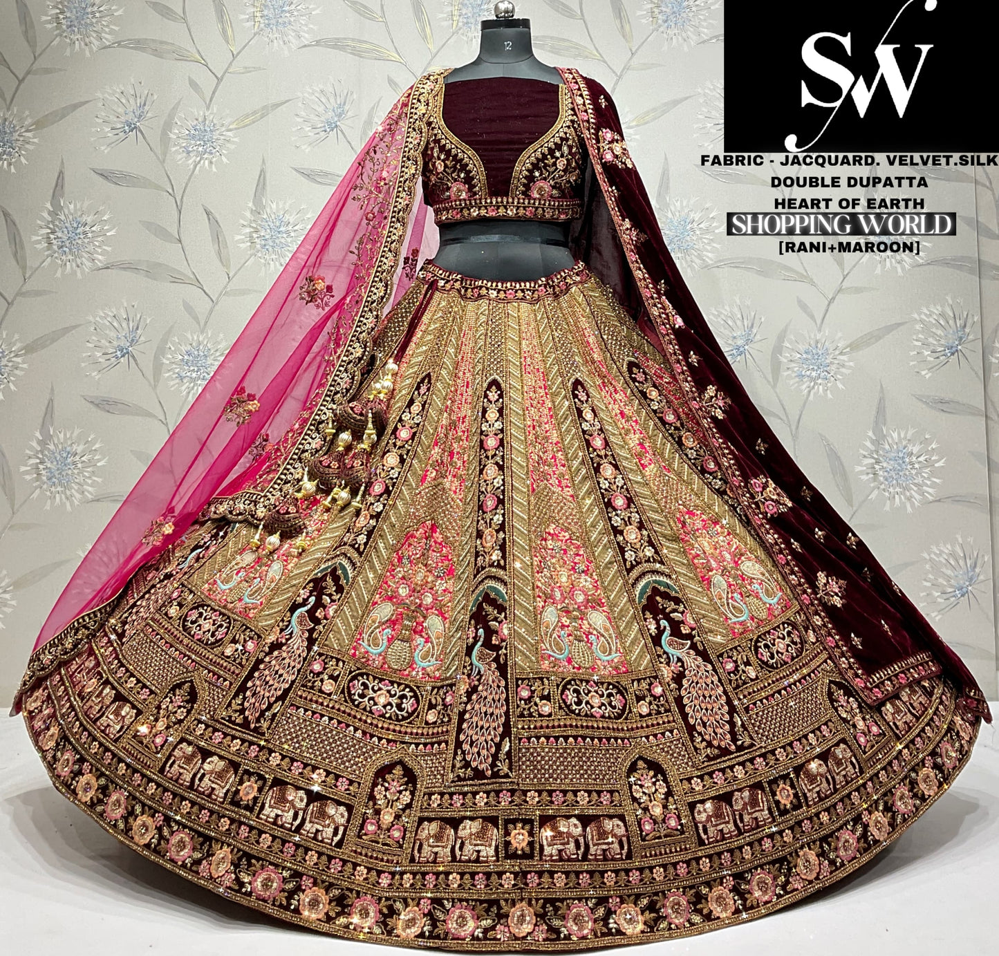 Pretty jacquard Velvet silk maroon Chiku peacock Double dupatta Bridal Lehenga