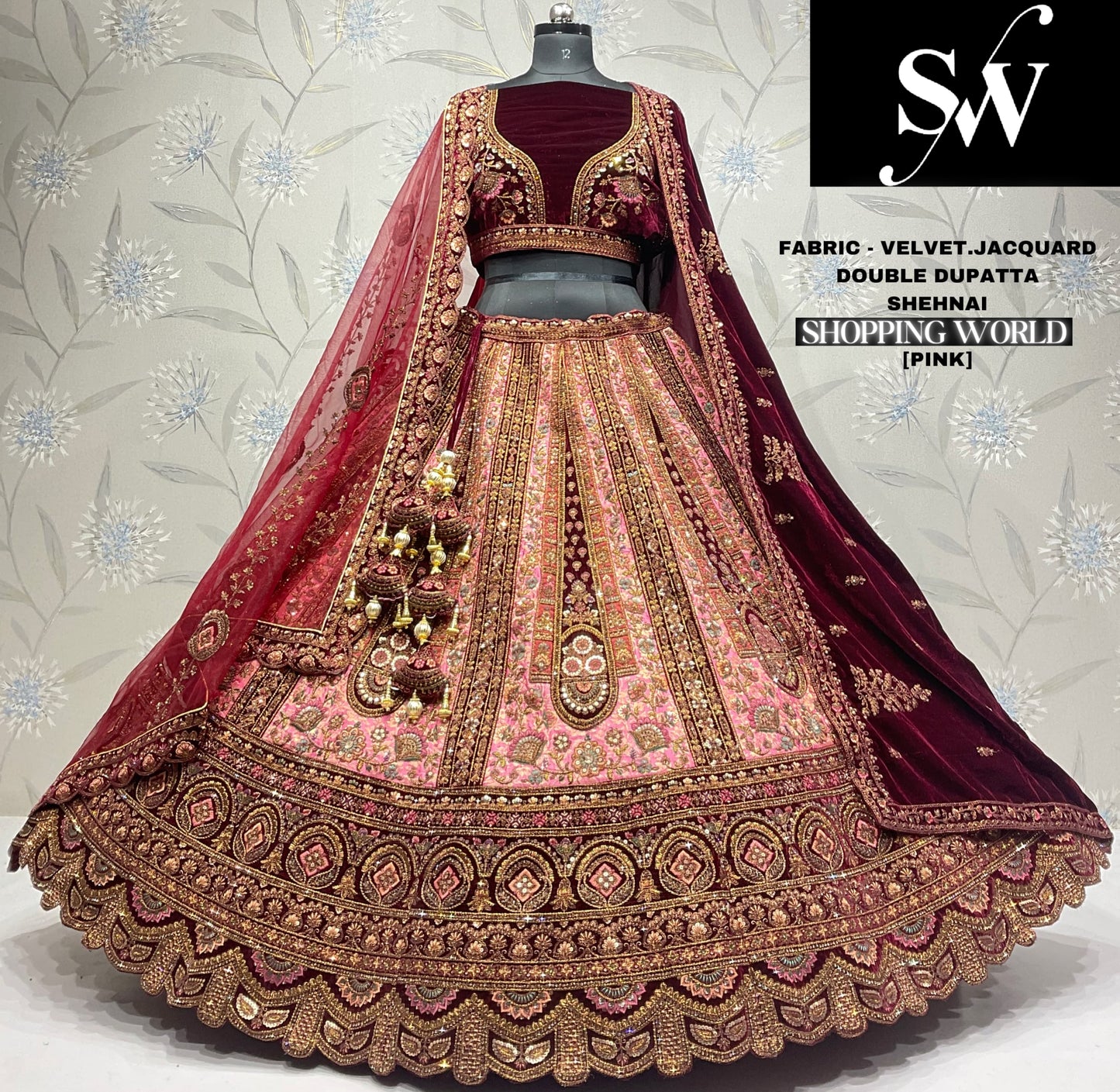 Engaging jacquard Velvet silk pink maroon Double dupatta Bridal Lehenga