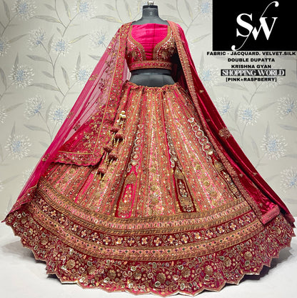 Amazing Velvet jacquard silk Chiku maroon Double dupatta Bridal Lehenga