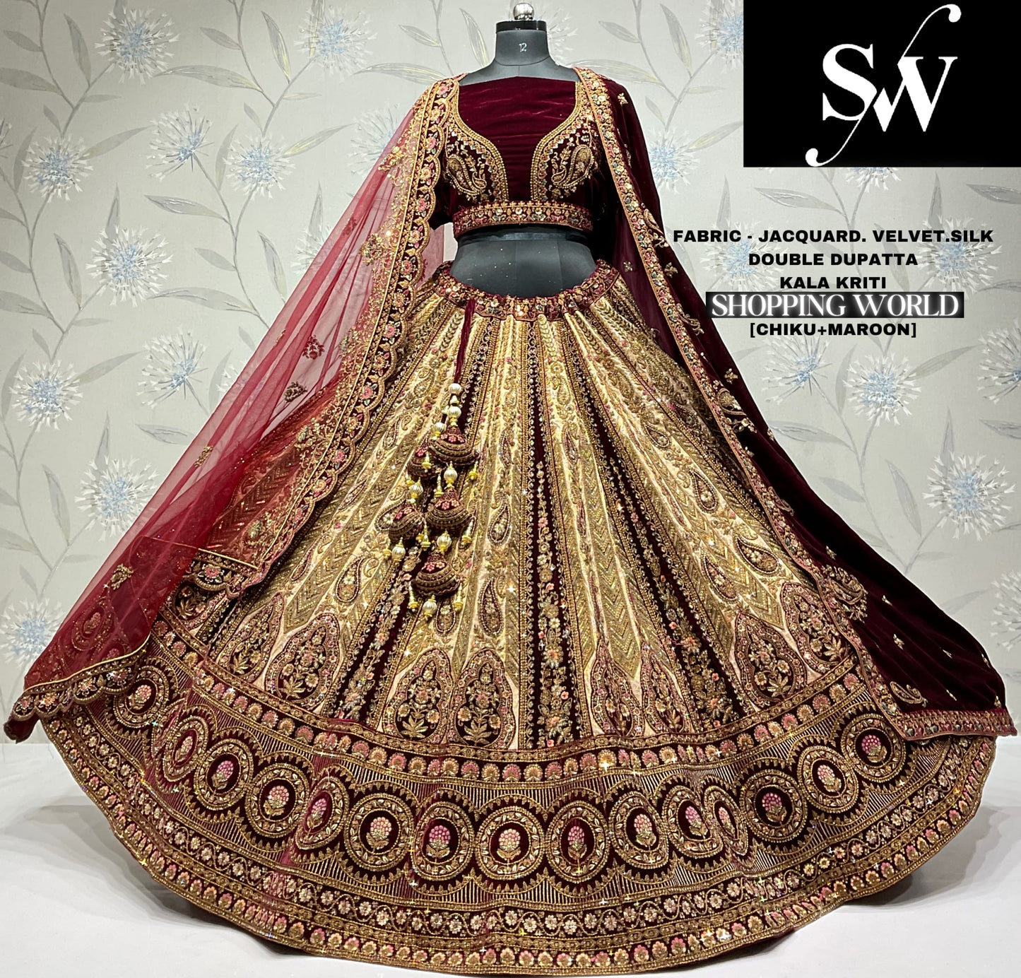 Lovely jacquard Velvet silk Rani maroon Double dupatta Bridal Lehenga