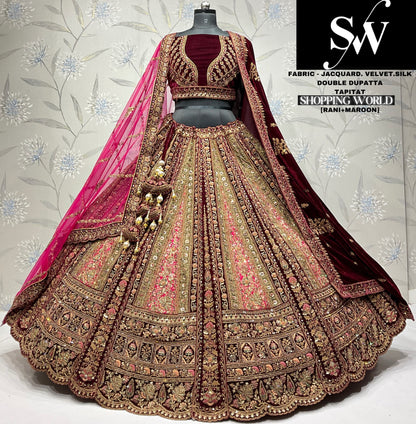 Fantastic jacquard silk Mustard maroon Double dupatta Bridal Lehenga
