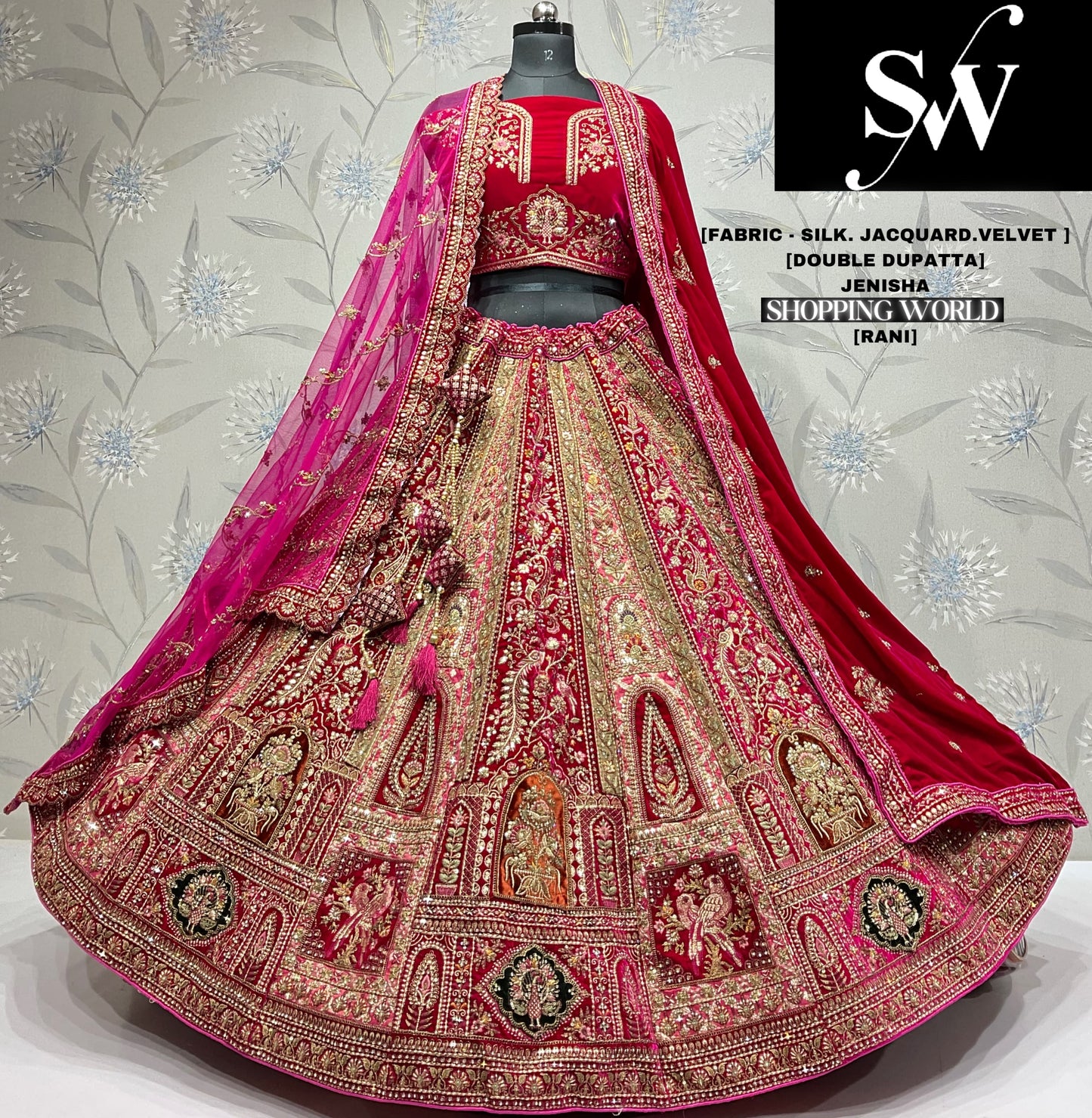 Majestic jacquard Velvet silk Rani pink Double dupatta Bridal Lehenga