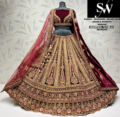 Stunning Velvet jacquard Maroon  Double dupatta Bridal Lehenga