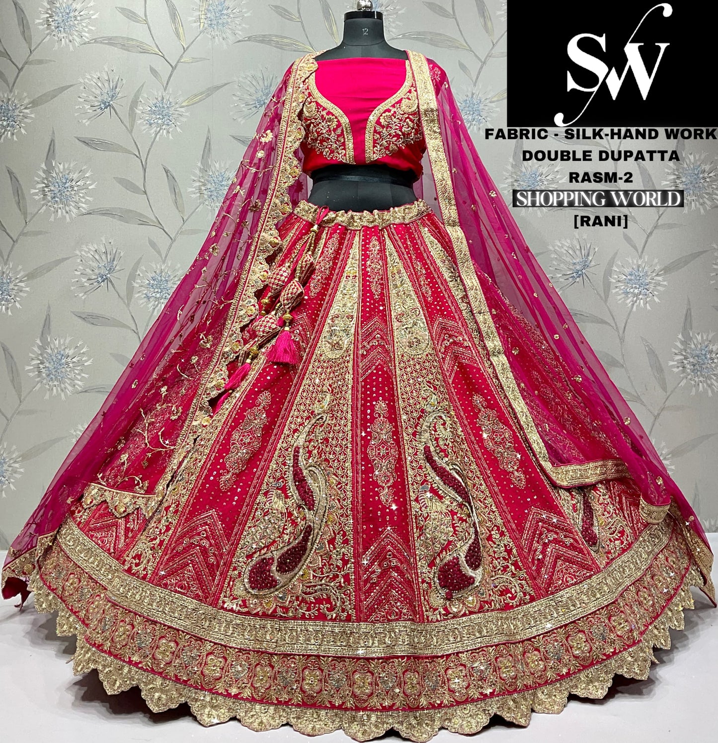 Astonishing jacquard silk Handwork Gajri pink Double dupatta Bridal Lehenga