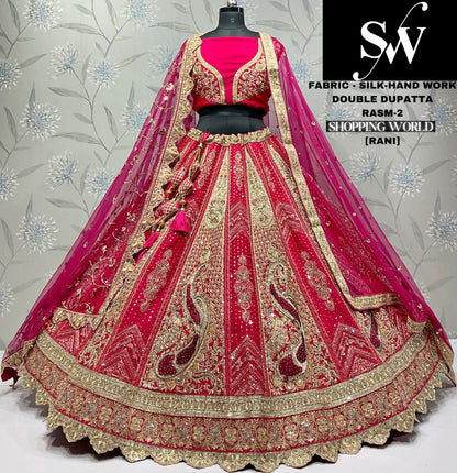 Astonishing jacquard silk Handwork Gajri pink Double dupatta Bridal Lehenga