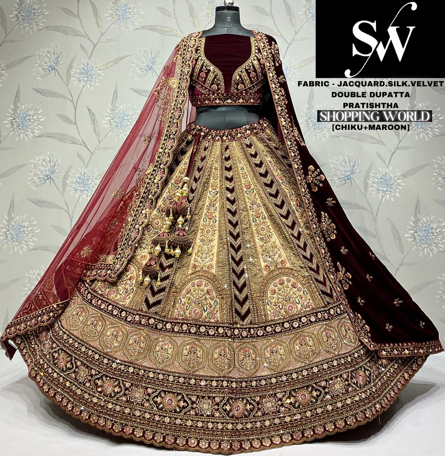 Majestic jacquard Velvet silk  maroon Double dupatta Bridal Lehenga