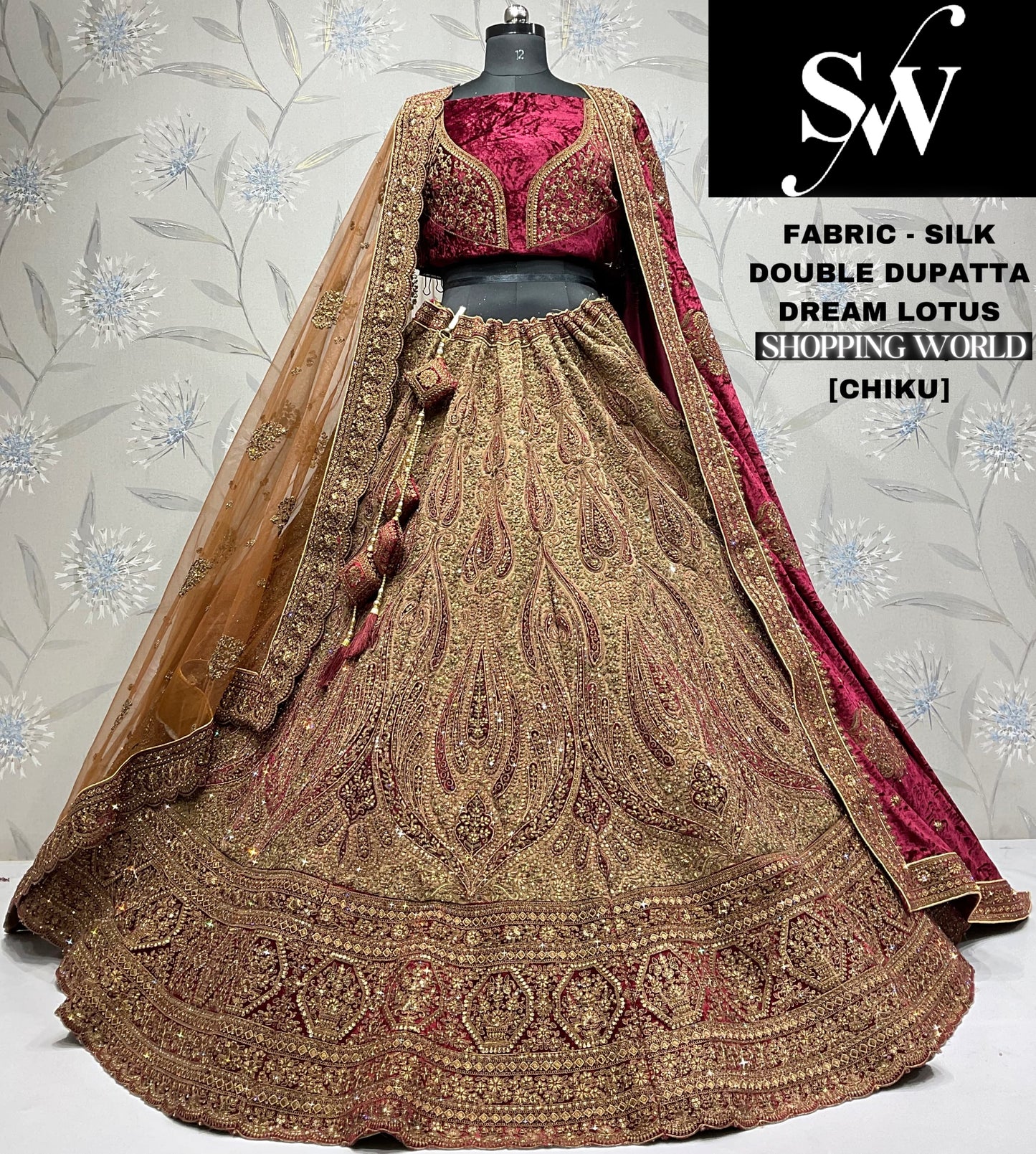 Delightful jacquard silk Chiku Double dupatta Bridal Lehenga