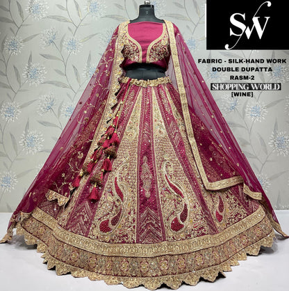 Astonishing jacquard silk Handwork Gajri pink Double dupatta Bridal Lehenga