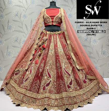 Astonishing jacquard silk Handwork Gajri pink Double dupatta Bridal Lehenga