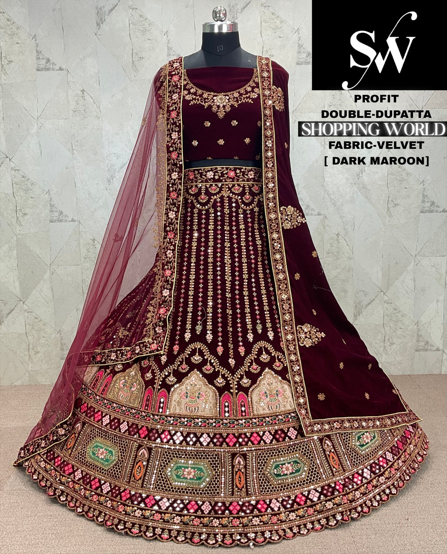 Fantastic maroon bridal Lehenga Velvet