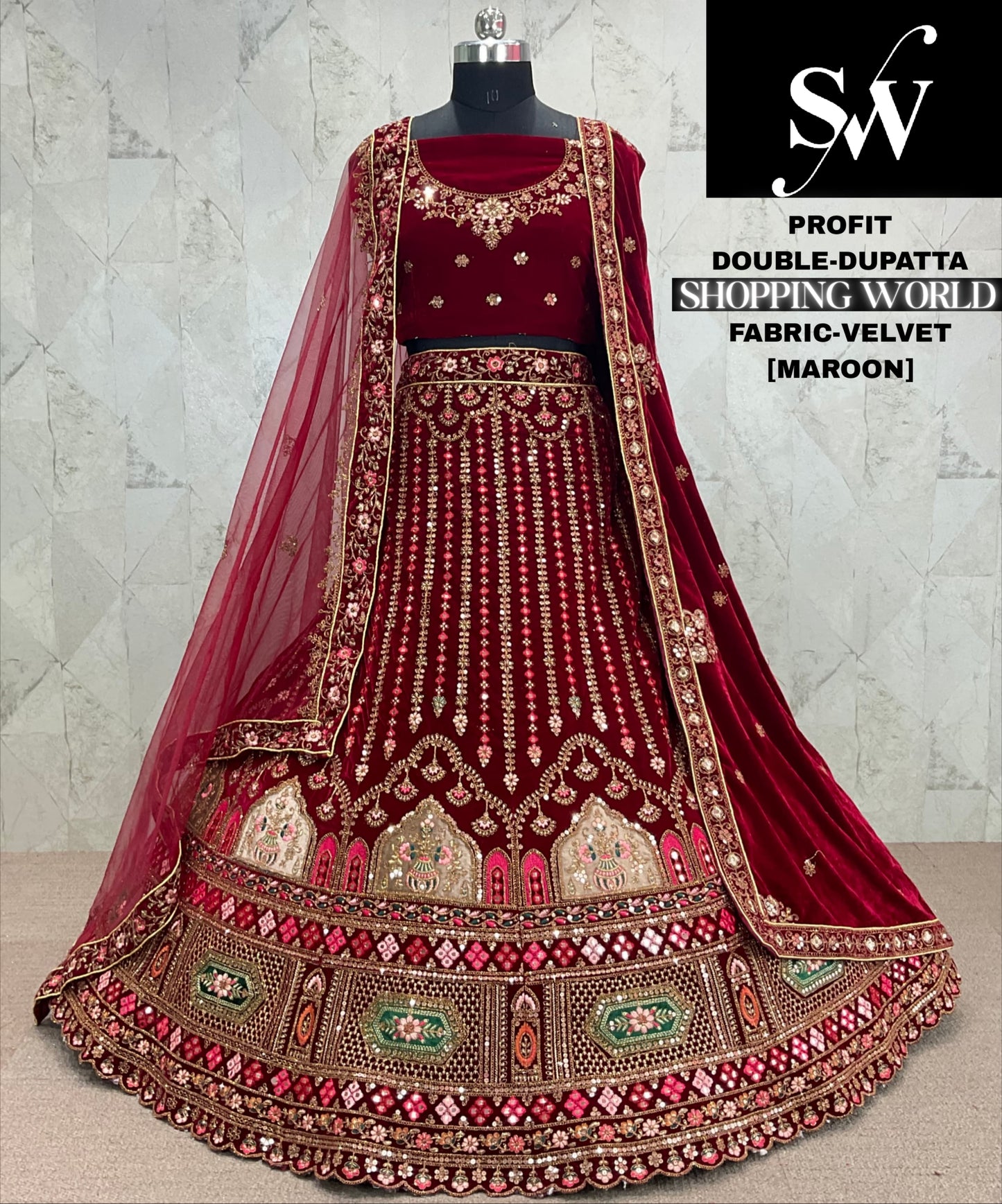 Fantastic maroon bridal Lehenga Velvet