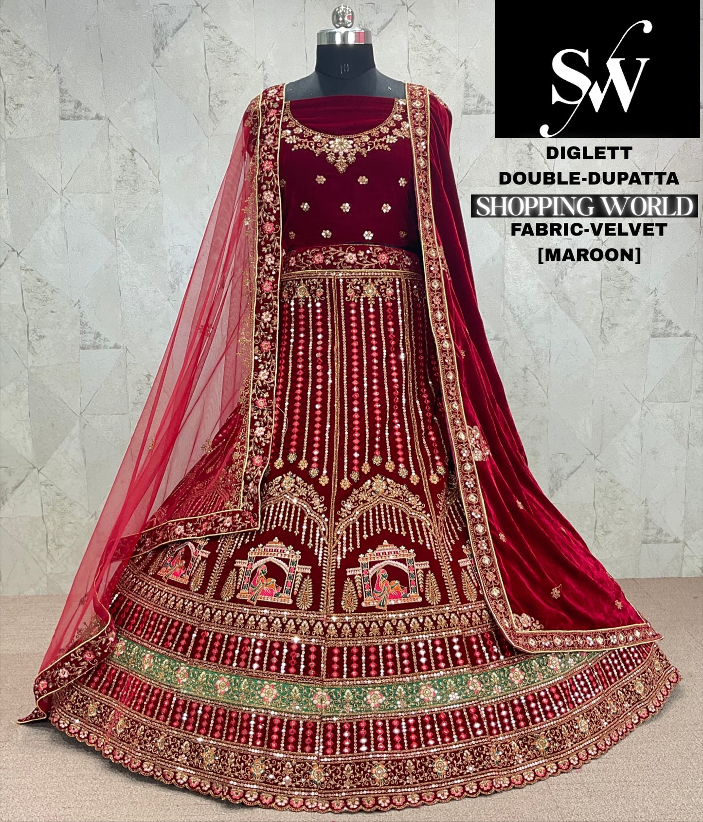 Fabulous Dark maroon Doli barat bridal Lehenga Velvet