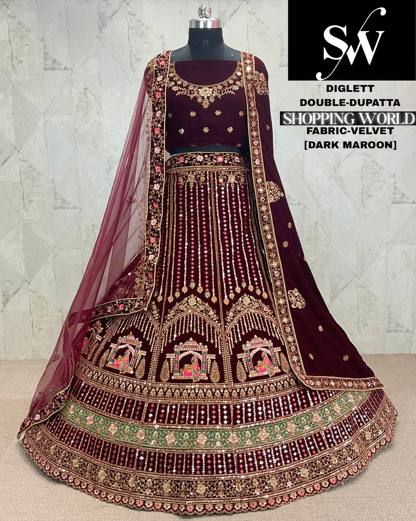 Fabulous Dark maroon Doli barat bridal Lehenga Velvet