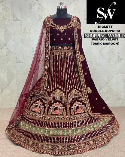 Fabulous Dark maroon Doli barat bridal Lehenga Velvet
