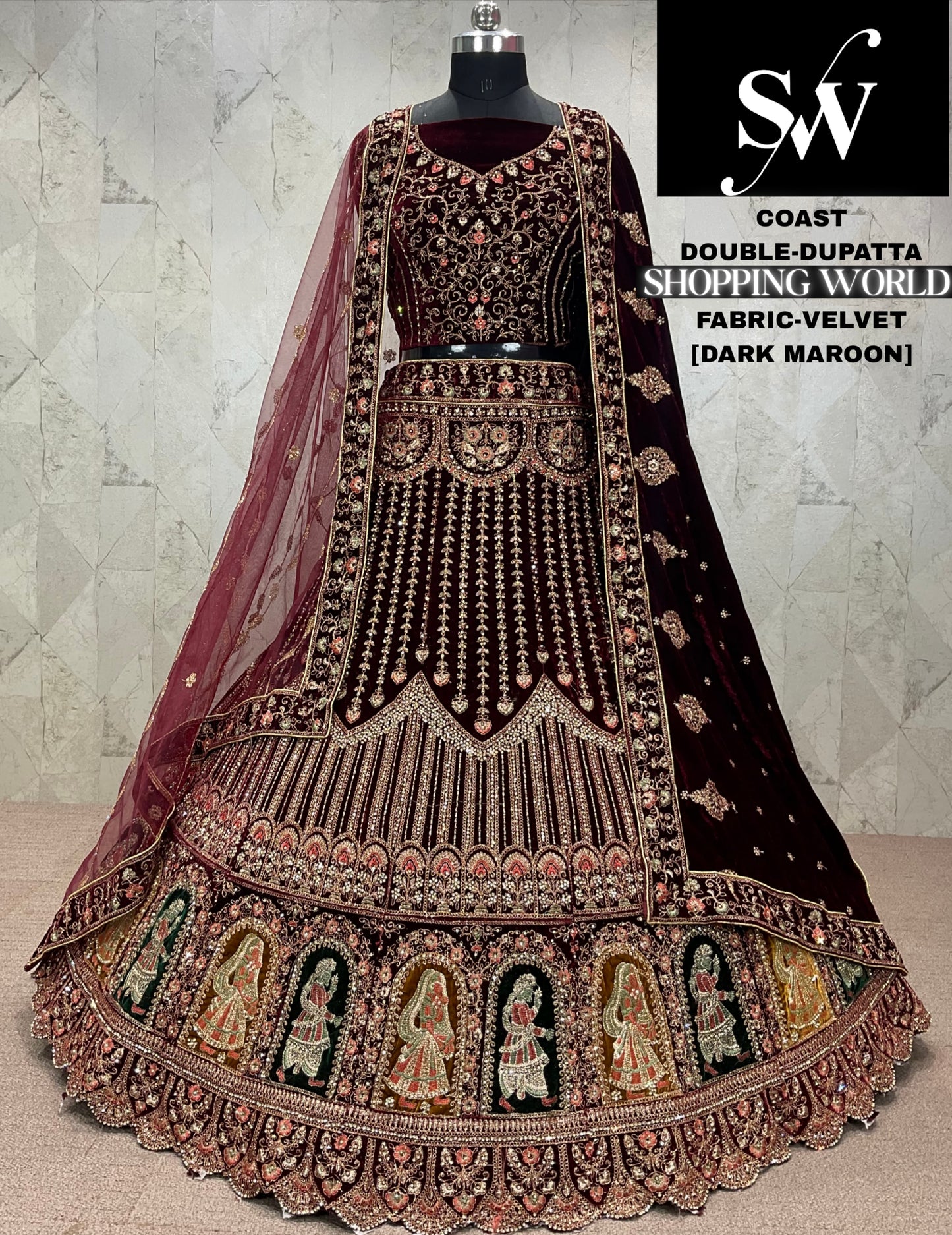 आश्चर्यजनक मैरून डबल दुपट्टा मखमली दुल्हन लहंगा